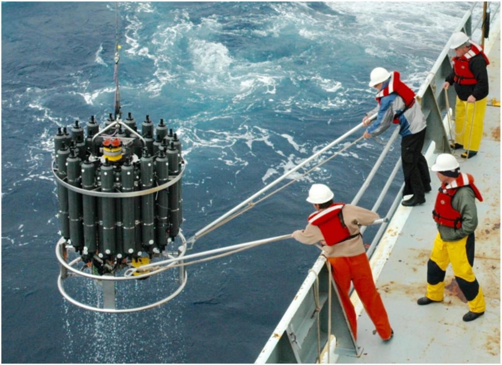 Image of CTD alongside ship held by two people with ropes